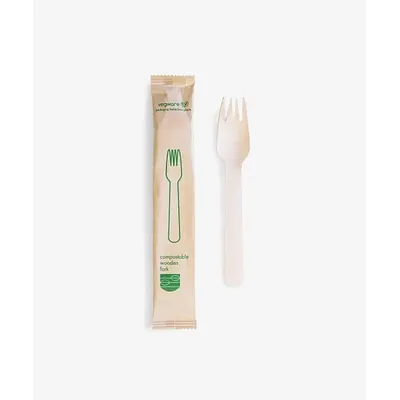 Vegware Wood Fork, Wrapped - 214 x 37 x 6mm