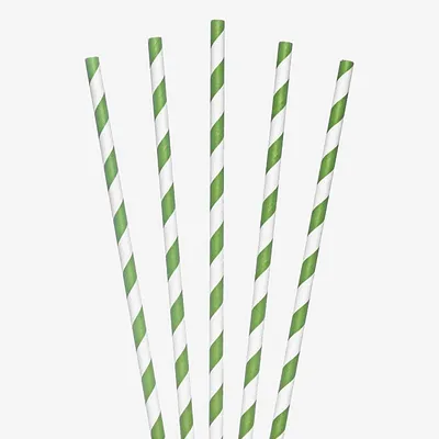 White / Green Paper Striped Straw - 6mm x 200mm