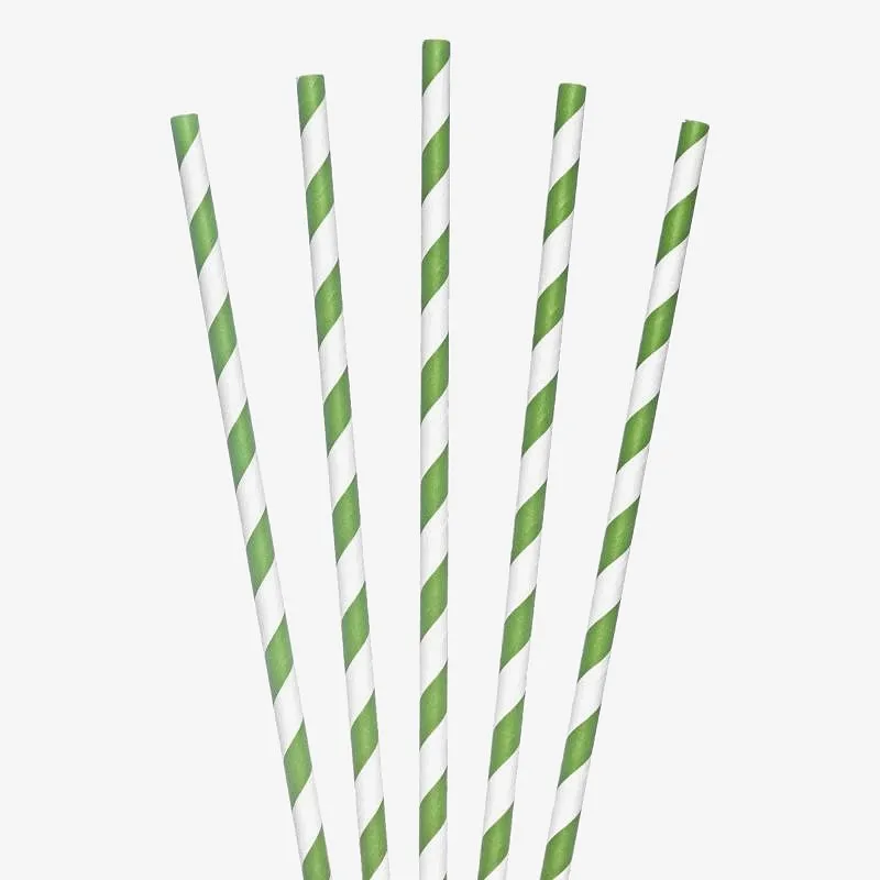 White / Green Paper Striped Straw - 6mm x 200mm