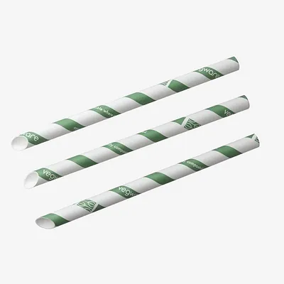 Vegware White / Green Paper Bubble Tea Stripe Straw - 12mm x 230mm