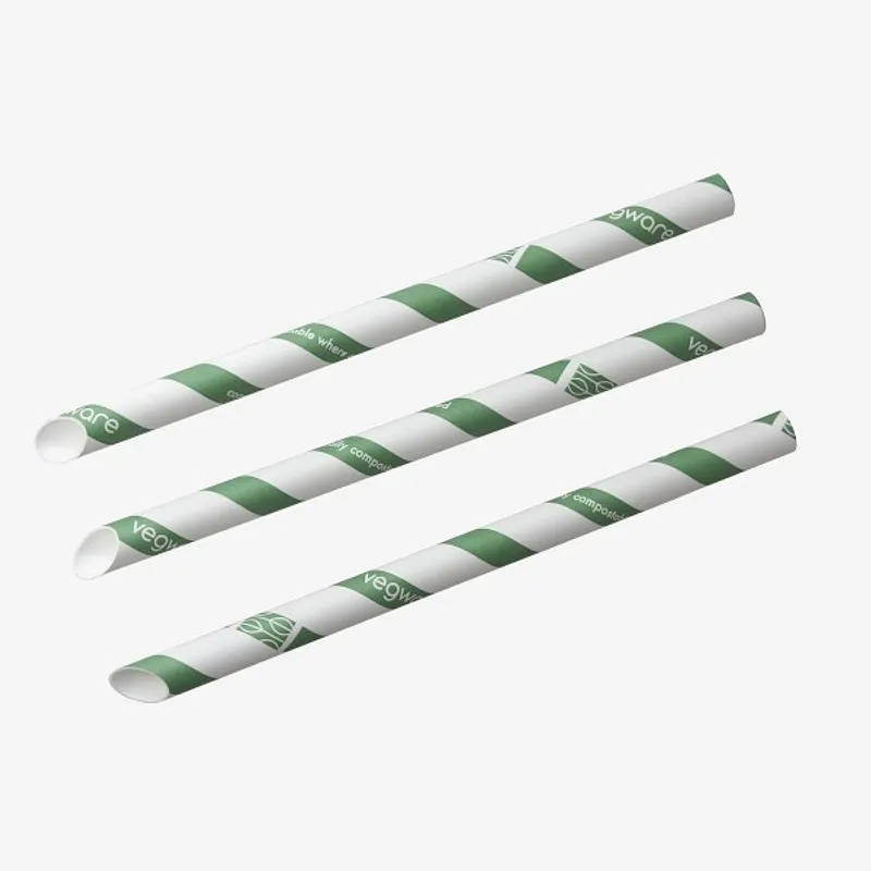 Vegware White / Green Paper Bubble Tea Stripe Straw - 12mm x 230mm