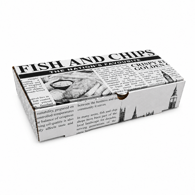 Fish + Chips (10 x 6 x 2 Newspaper Print Fish & Chip Box – Premium)